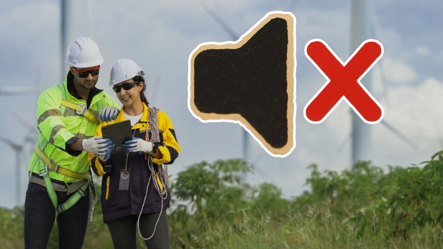 Inżynierowie przy turbinach wiatrowych w polu i znacznik zmniejszenia głośności.