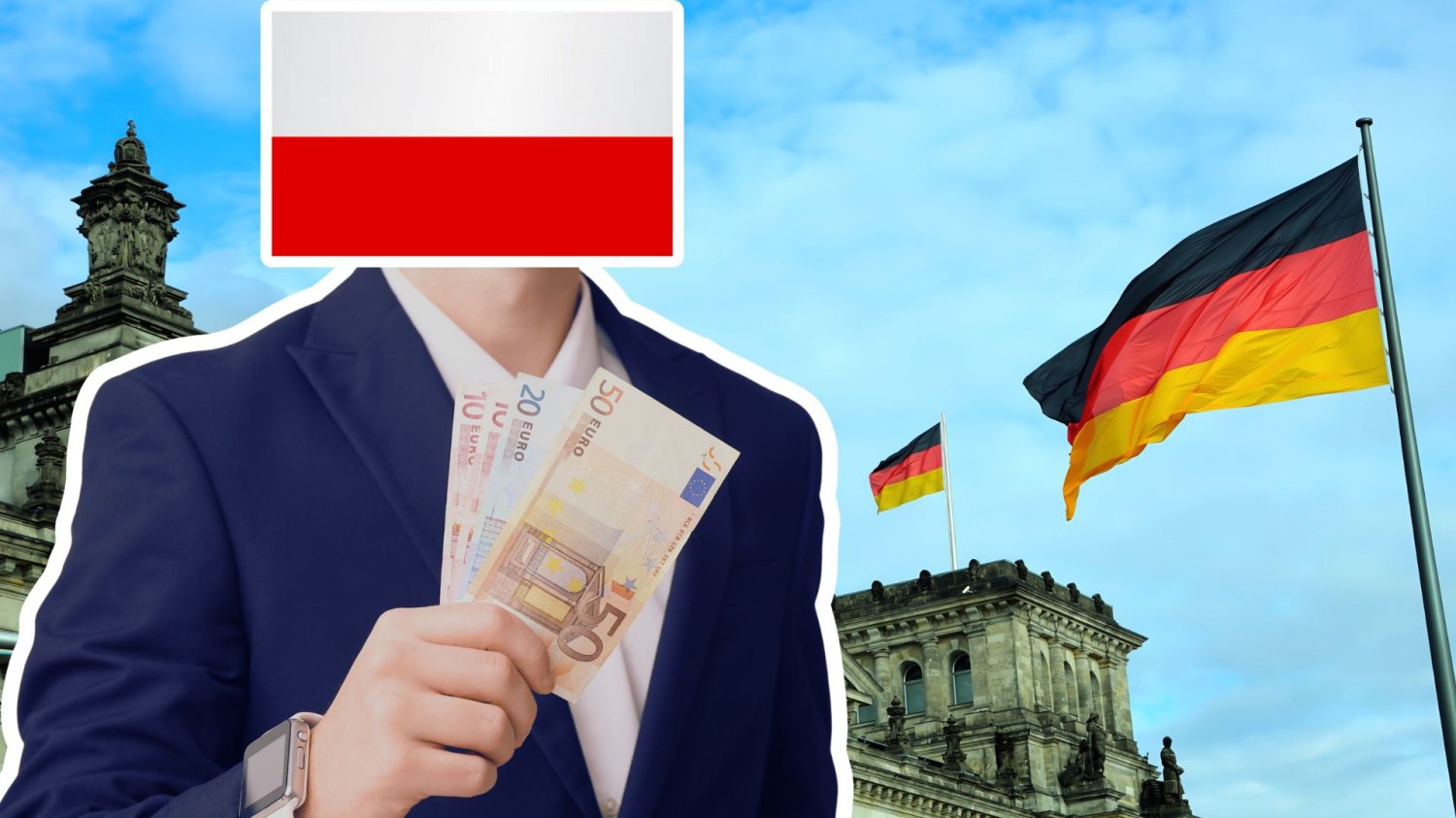Polscy przedsiębiorcy w Niemczech łączą siły. Nowy rozdział dla rodzimego biznesu za granicą Biznesmen z flagą polski zamiast głowy trzyma banknoty euro na tle Reichstagu. Polskie firmy jednoczą się na niemieckim rynku. Rusza wyjątkowa platforma współpracy