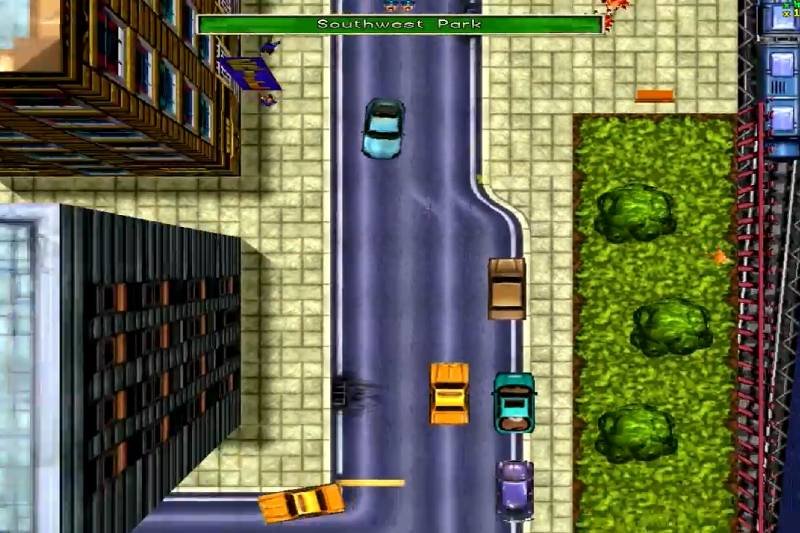 GTA I, screenshot pokazujący gameplay. Gra, samochody widziane z lotu ptaka.
