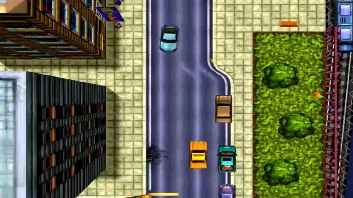 GTA I, screenshot pokazujący gameplay. Gra, samochody widziane z lotu ptaka.
