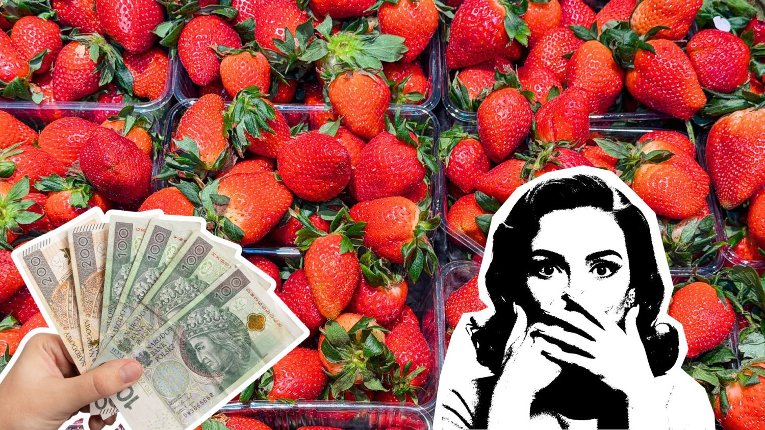 Truskawki po złotówce. Za kilo? Nie, za dwie sztuki. Truskawki, pieniądze.