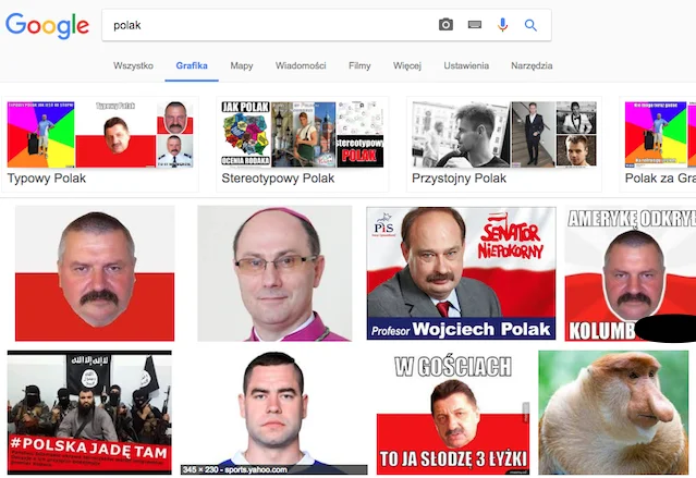 Google grafika po wpisaniu hasła Polak. Warto zwrócić uwagę na małpę, to jeden z trendów w przedstawianiu mieszkańców naszego kraju.