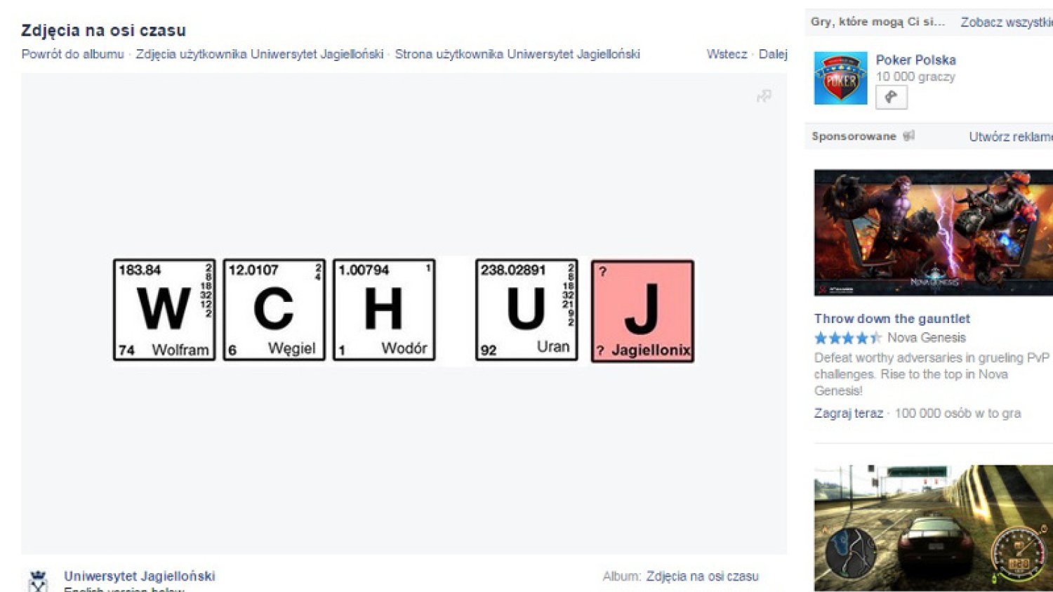 Uniwersytet Jagielloński szokuje na Facebooku. Nietypową grafiką zachęca studentów do odkrycia nowego pierwiastka.
