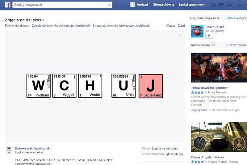 Uniwersytet Jagielloński szokuje na Facebooku. Nietypową grafiką zachęca studentów do odkrycia nowego pierwiastka.