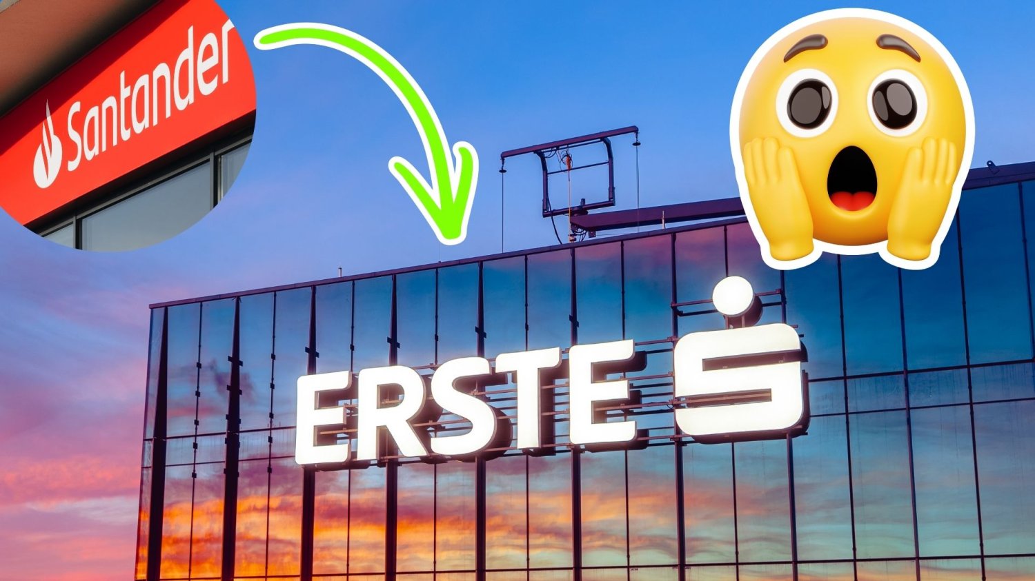 To koniec banku Santander. Erste wchodzi całe na niebiesko, klientów czekają zmiany Budynek banku Erste, szyld banku Santander, strzałka i zdziwiony emotikon. To koniec znanego nam banku Santander. Erste wchodzi całe na niebiesko