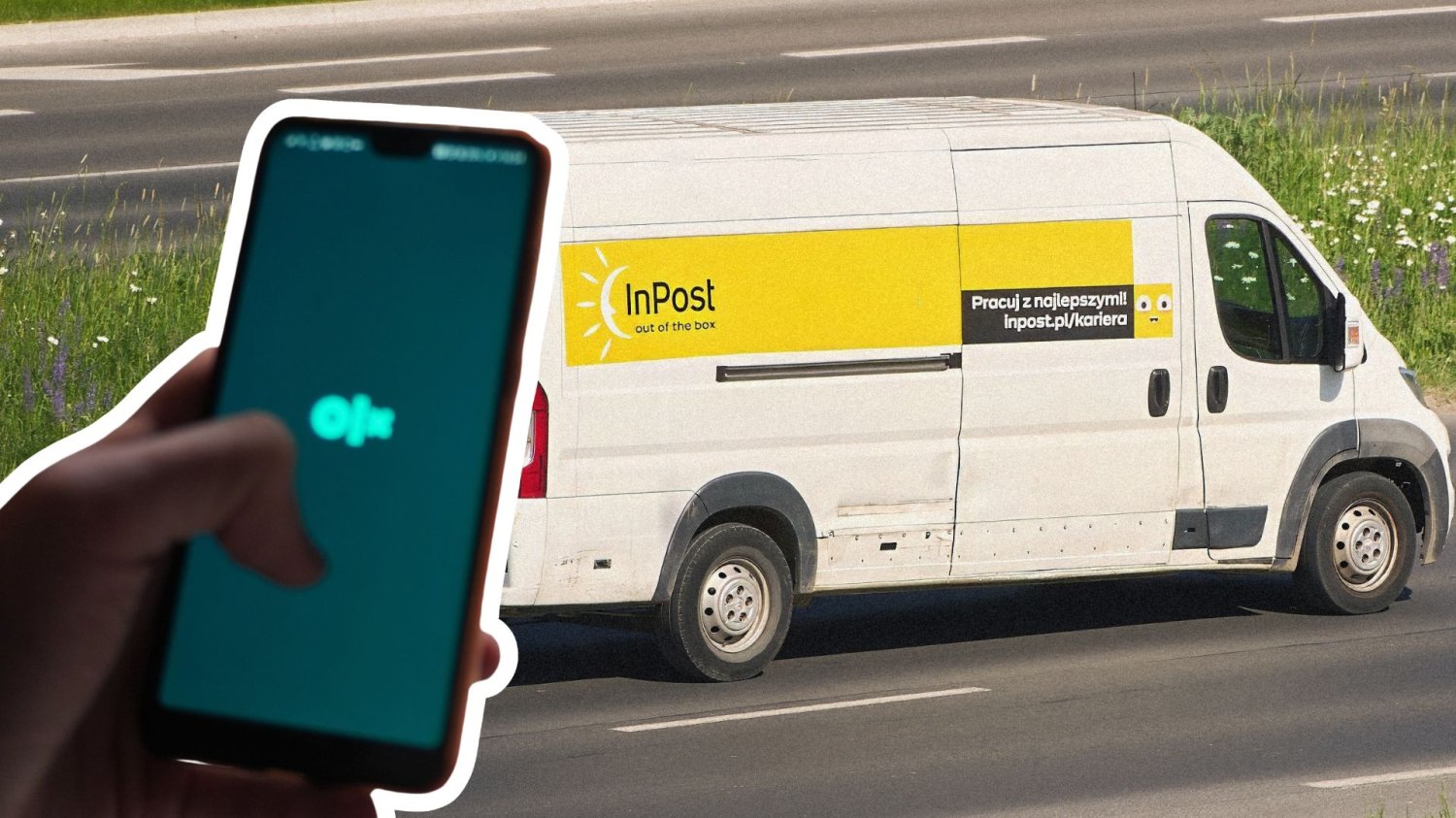 InPost dowiezie duże AGD z OLX. Zapomnij o wynajmowaniu furgonetki. Aplikacja OLX na smatfonie, samochód InPost.