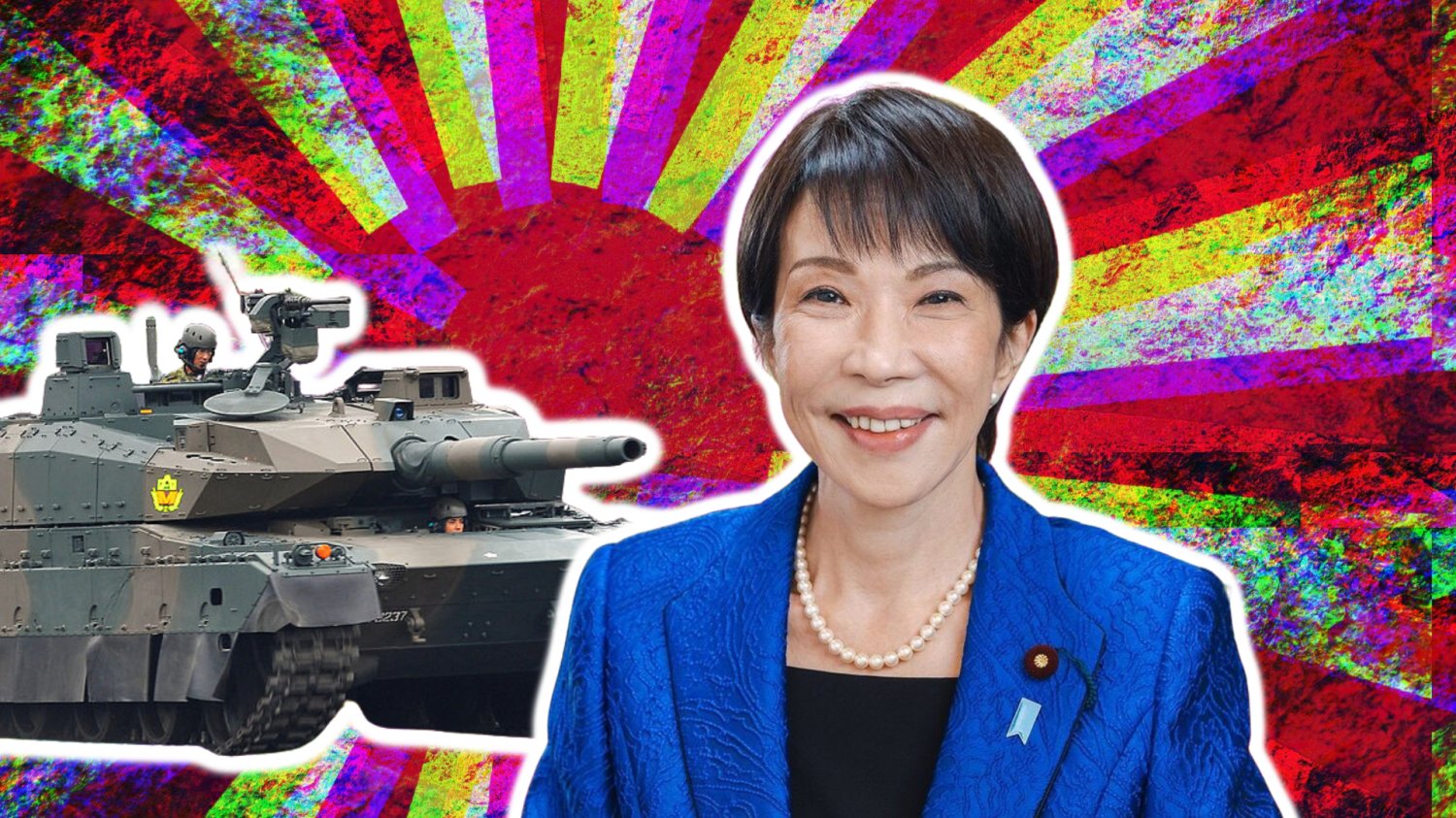 Premier Japonii Sanae Takaichi. W tle flaga Japonii i czołg japoński.