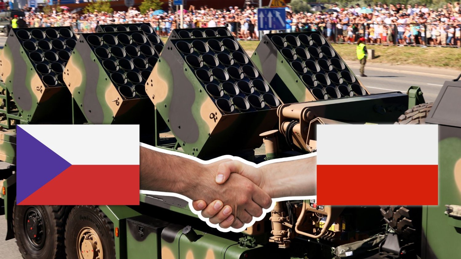 Wyrzutnia rakiet, flagi Polski i Czech podają sobie ręce.
