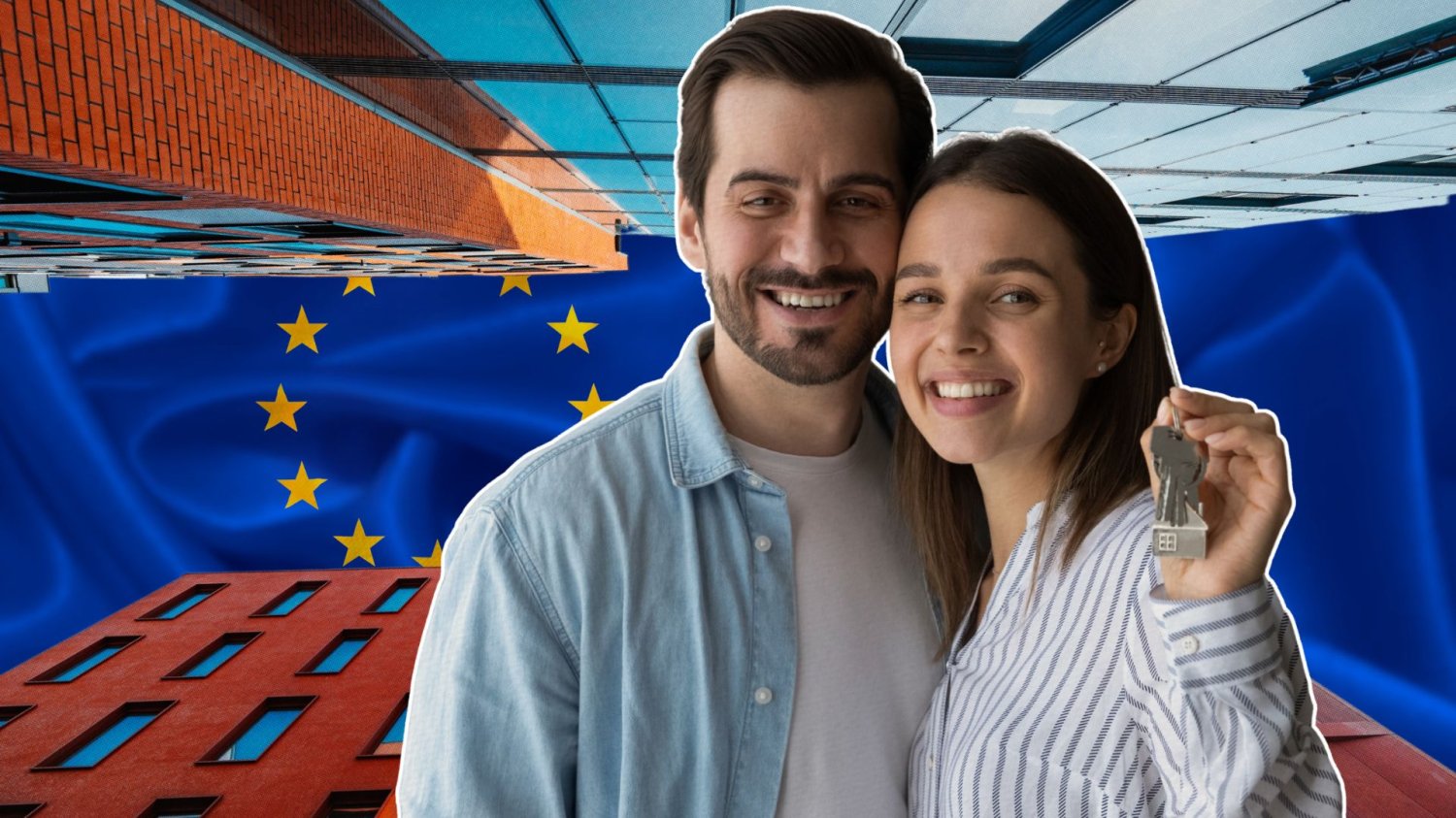 Unia pomoże budować mieszkania w Polsce. Wreszcie coś, co odczują zwykli ludzie Para z kluczami do mieszkania na tle budynków i flagi UE.