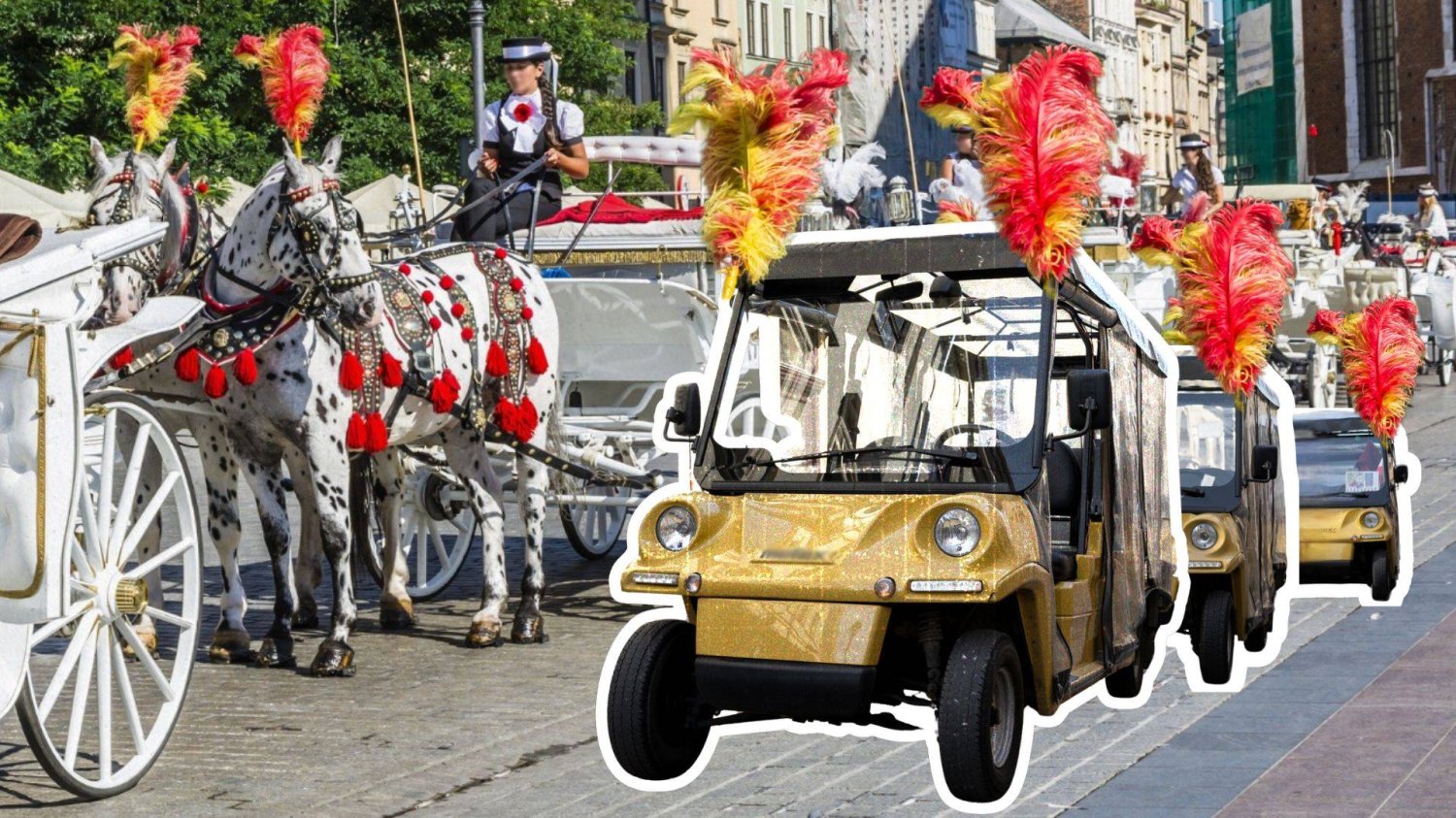 Petycja o wycofanie koni z krakowskiego rynku. Dorożkarze nie chcą elektrycznego substytutu Konie na Rynku Głównym, obok Meleksy z końskimi ozdobami. Petycja wnioskuje o zastąpienie dorożek elektronicznym odpowiednikiem.