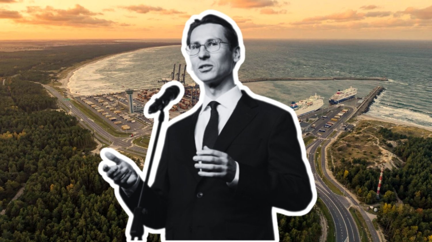 Kacper Płażyński na tle wizualizacji Portu Haller