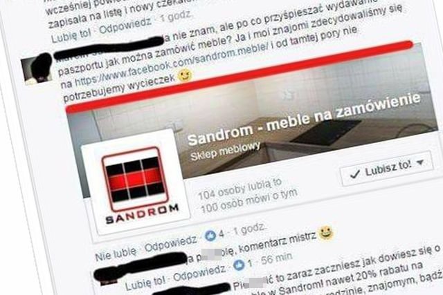 Popisy przedstawiciela firmy meblowej na Facebooku