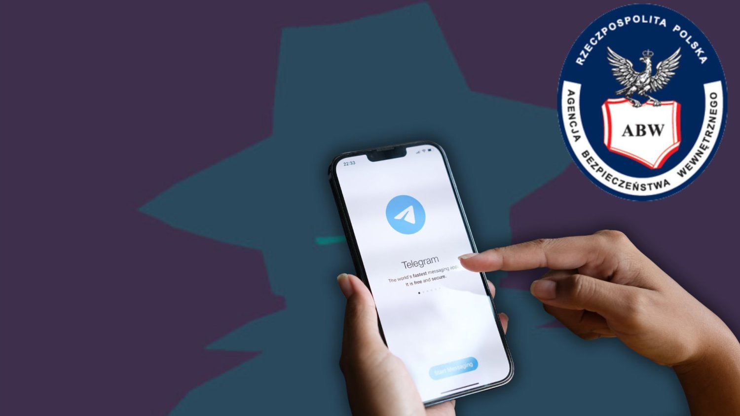 Telegram na smartfonie, logo ABW i "agent" w tle. ABW uruchamia chatbota dla sygnalistów na Telegramie.