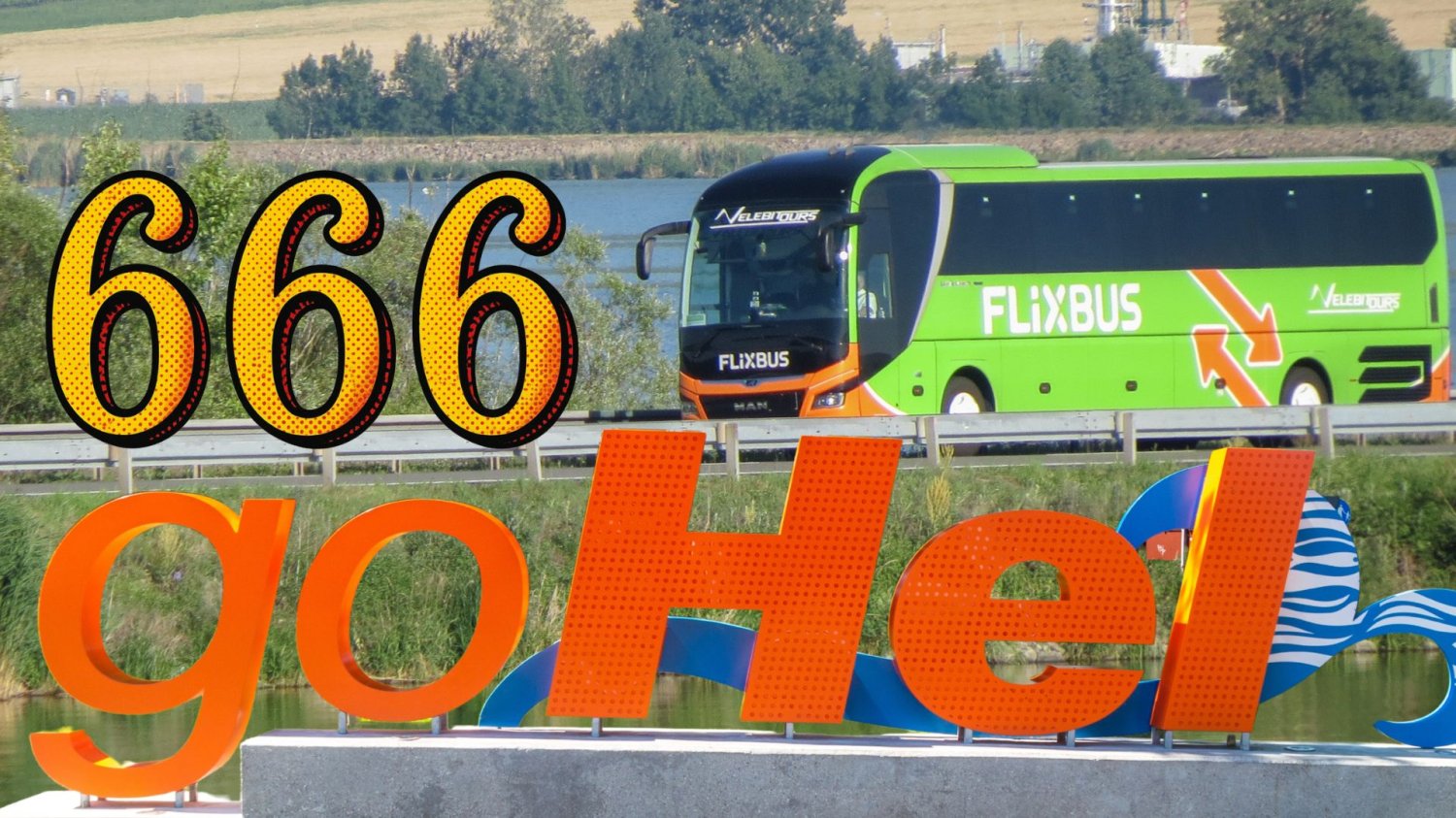 FlixBus przywraca na Hel autobus 666. Piekielnie długa trasa Autobus FlixBus, napis z Helu i liczba 666.