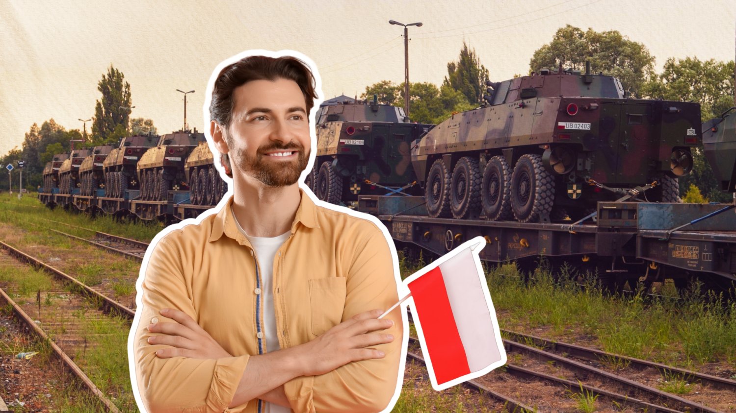 Polak z flagą Polski, uśmiechnięty. W tle transport ciężkiego sprzętu wojskowego.