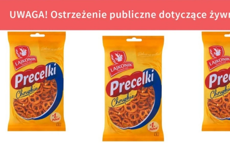 Precelki chrupkie firmy Lajkonik w opakowaniach 130 g. Partia o numerze S83713 może zawierać kawałki metalu.
