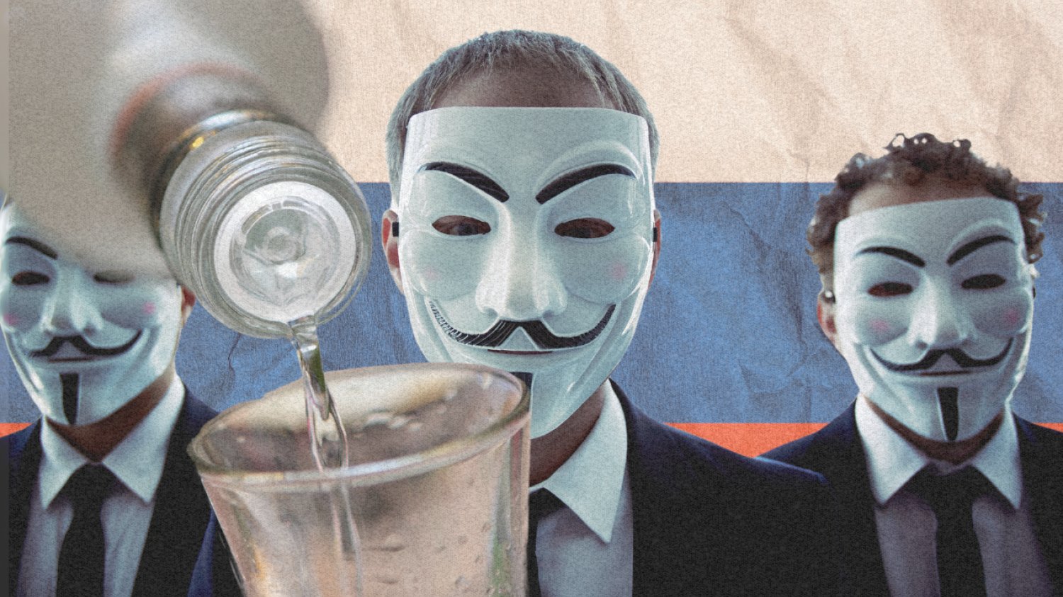 Wódka i symboliczni hakerzy na tle rosyjskiej flagi.