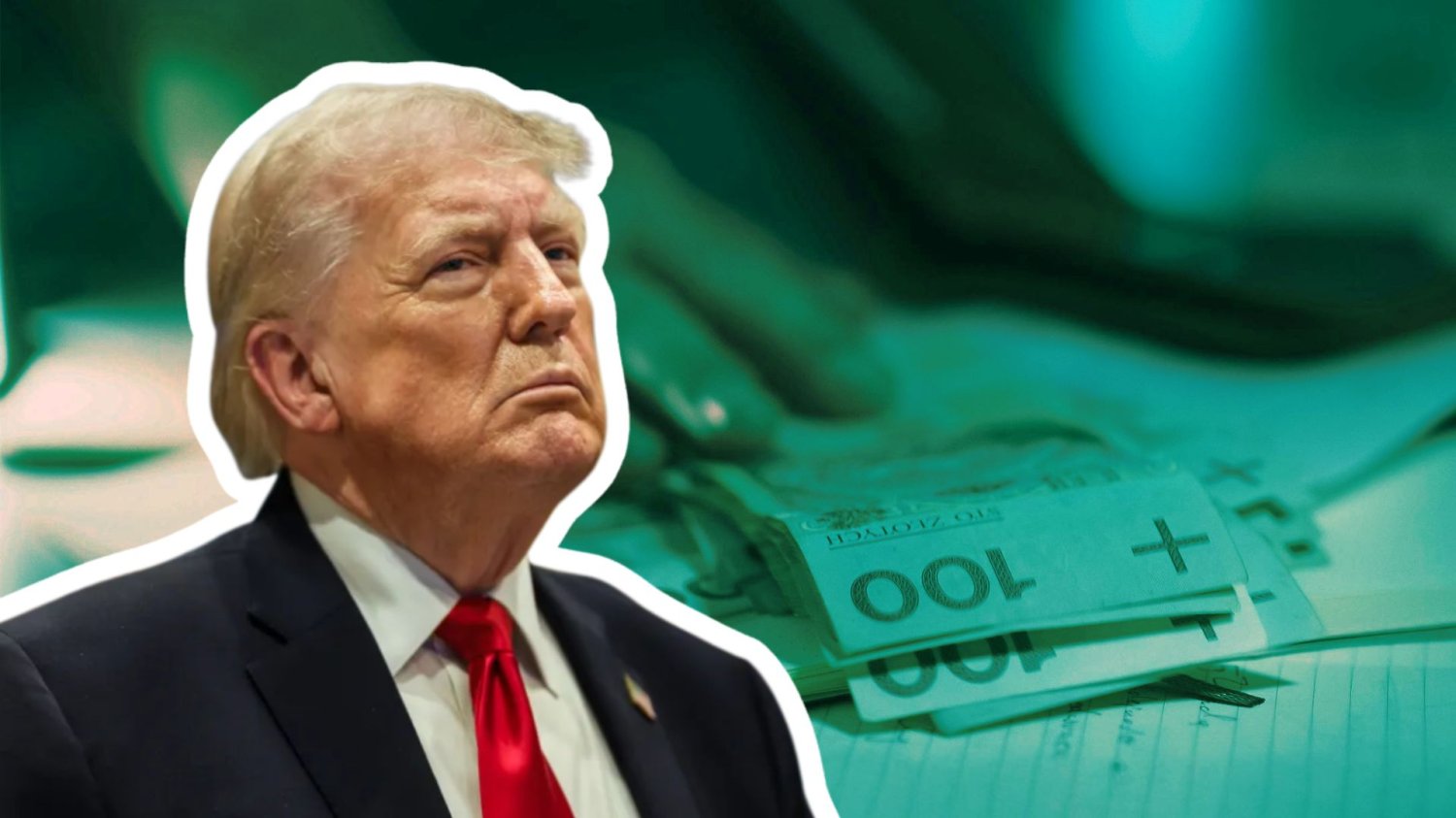 Donald Trump i ręka zgarniająca banknoty ze stołu