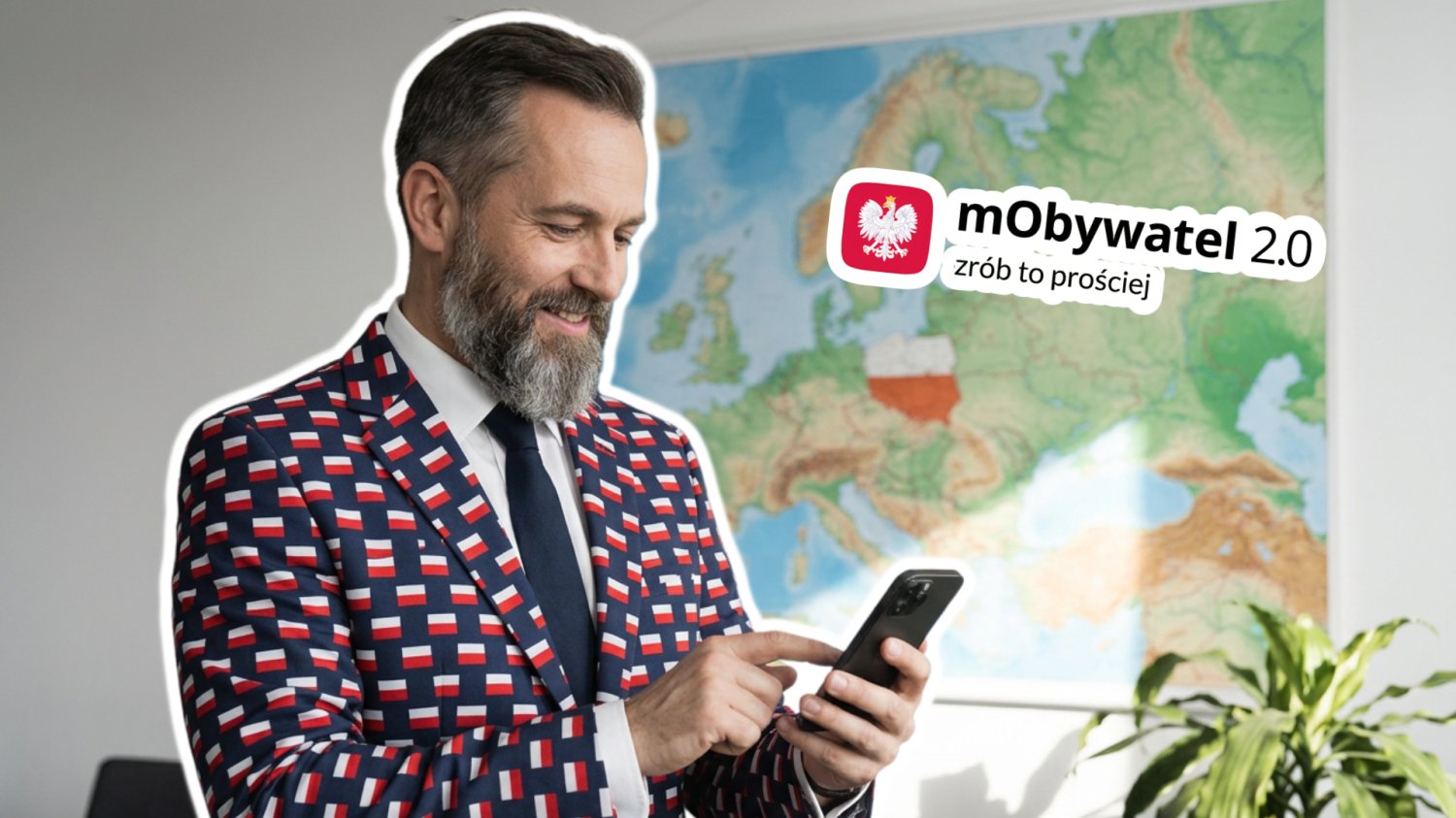 Mężczyzna z telefonem w garniturze z flagami Polski. W tle mapa świata i zaznaczona Polska.