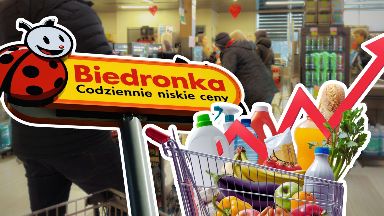 Ceny żywności wzrosną. Biedronka zapowiada podwyżki w sklepach Wózek sklepowy z zakupami i czerwoną strzałką w górę, szyld Biedronki i kolejka w sklepie. Drożyzna w sklepach nadchodzi. Zarząd Biedronki nie ukrywa, że ceny żywności poszybują w górę