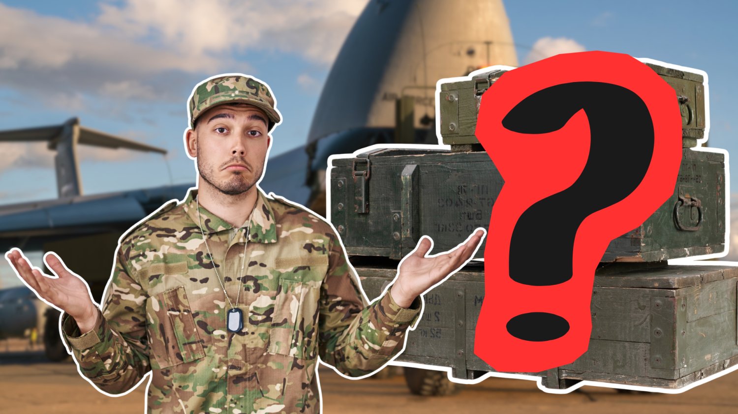 Zołnierz z gestem dłoni mówiący ze o niczym nie wie. Obok amunicja ze znakiem zapytania. W tle pojazdy rakietowe HIMARS.