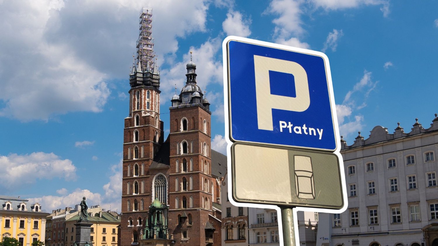 Kraków zmienia cennik parkowania na majówkę. Miasto przestanie łupić mieszkańców. Rynek w Krakowie, znak drogowy, parking.