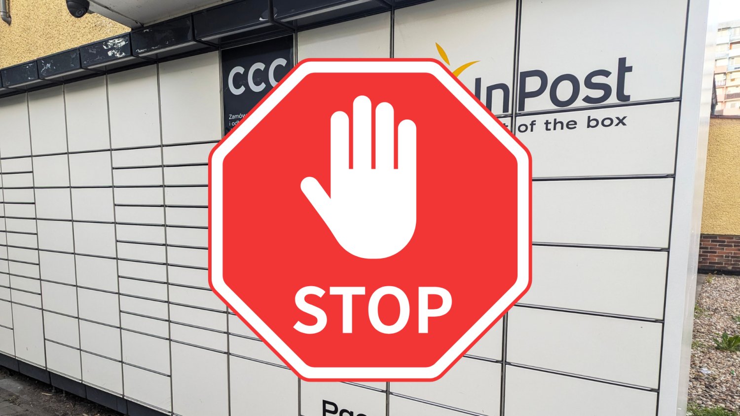 Paczkomaty InPost. Znak Stop dłonią.