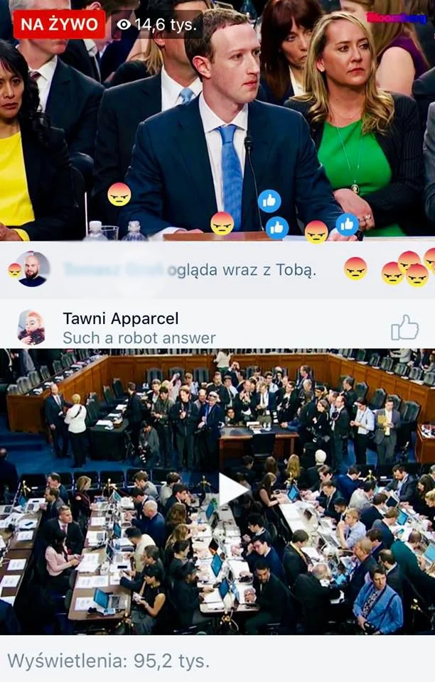 Mark Zuckerberg podczas zeznań w sprawie wycieku danych z Facebooka do firmy doradczej Cambridge Analytica.