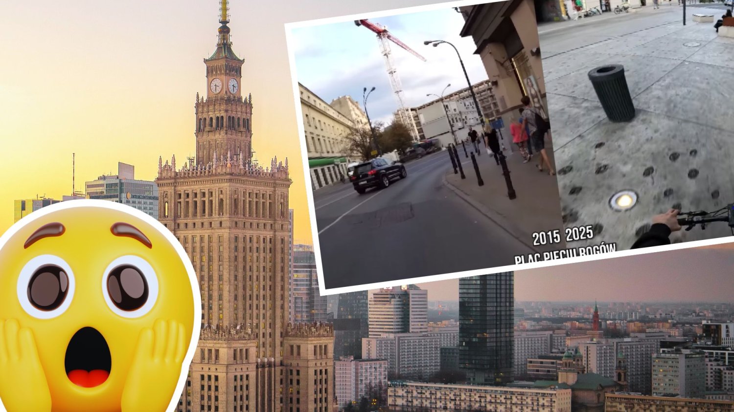 Panorama Warszawy z Pałacem Kultury, screen z omawianego w artykule filmu oraz zdziwiona buzia emoji. Warszawa dziś a 10 lat temu to inne miasta. Zmiana wbija w fotel