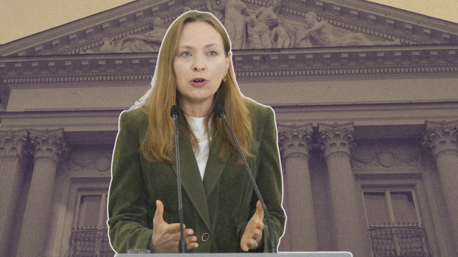Katarzyna Pełczyńska-Nałęcz na tle fasady banku.