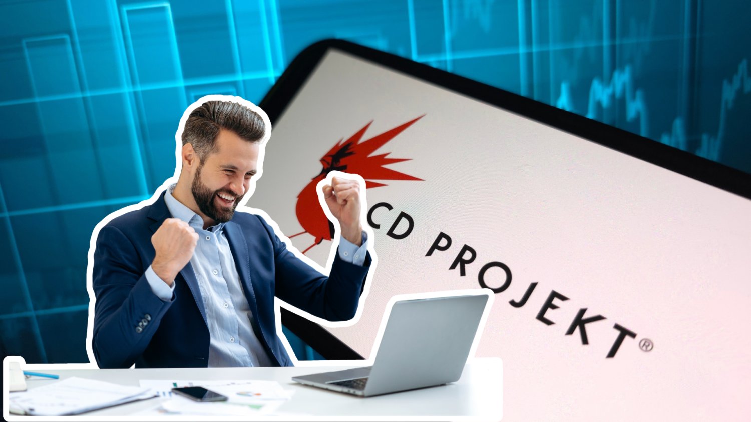 Logo CD Projekt i radosny inwestor.