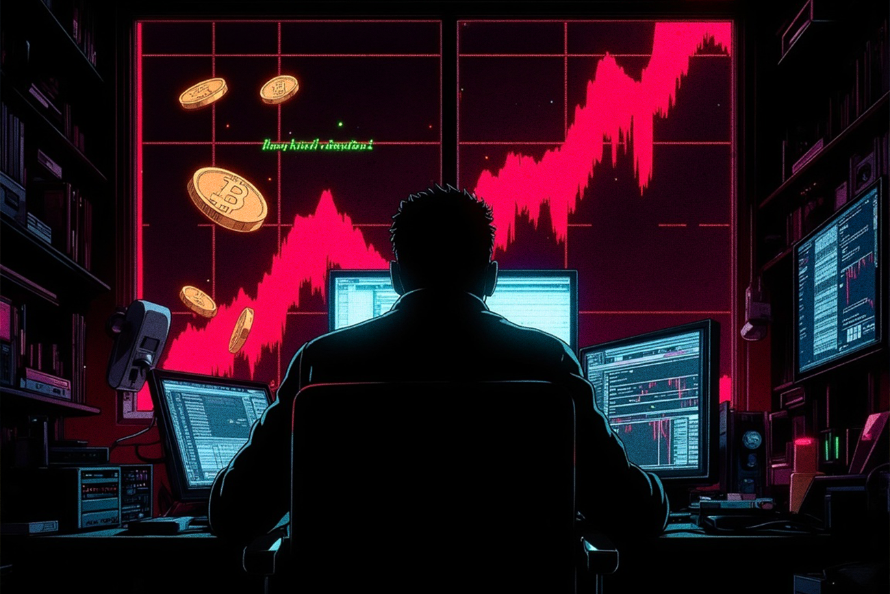 Podejrzana osoba analizująca kursy bitcoina.