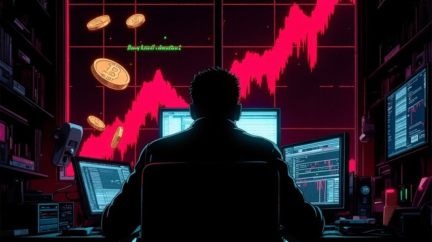Podejrzana osoba analizująca kursy bitcoina.