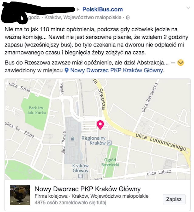 Jeden z postów, opisujących opóźnienie Polskiego Busa na ich fanpejdżu.