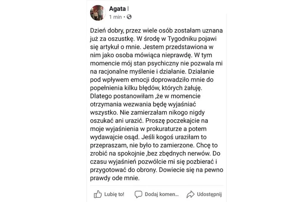 Screen wpisu Agaty K., w którym próbowała wytłumaczyć się ze swojego postępowania. Został już usunięty.