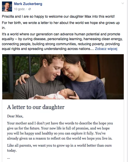 Mark Zuckerberg i Priscilla Chan wrzucili na Facebooka list, w którym obiecują przeznaczyć cały swój majątek na cele charytatywne. Inspiracją do podjęcia tej decyzji były narodziny ich córki, Max