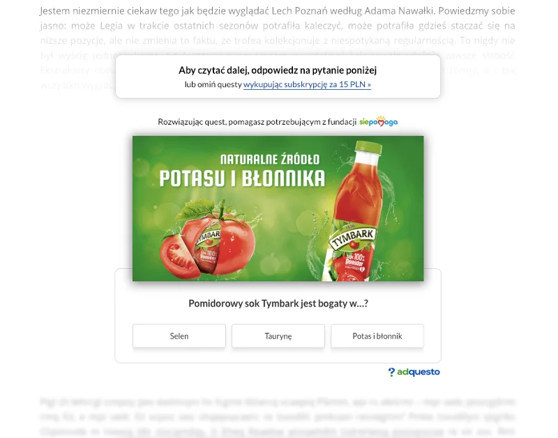Przykład formatu reklamowego opracowanego przez start-up Adquesto. Kliknięcie prawidłowej odpowiedzi pozwala odsłonić dalszą treść czytanego w sieci artykułu
