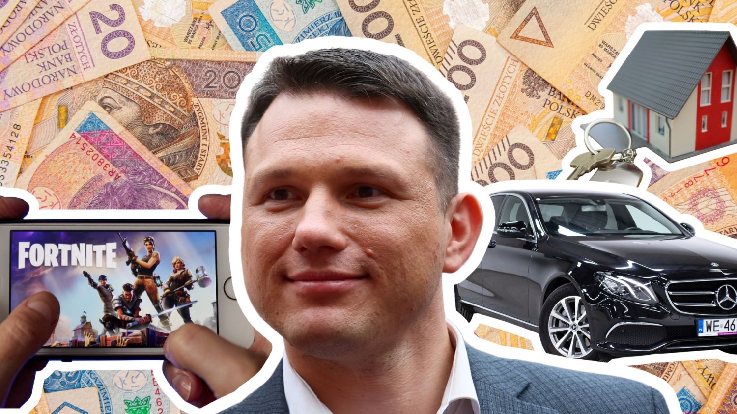 Wielki majątek Mentzena. Dom za 3,7 mln, Mercedes, bitcoiny i... utracone V-dolce Sławomir Mentzen na tle polskich banknotów, samochód Mercedes, dom oraz telefon z grą Fortnite. Stracił połowę V-dolców w Fortnite. Za to bitcoiny posła Konfederacji błyszczą