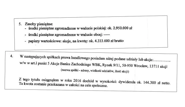 Fragmenty oświadczenia majątkowego Mateusza Morawieckiego z grudnia 2016 r. Jest posiadaczem akcji BZ WBK o wartości - według obecnego kursu - przekraczająceje 5 mln zł