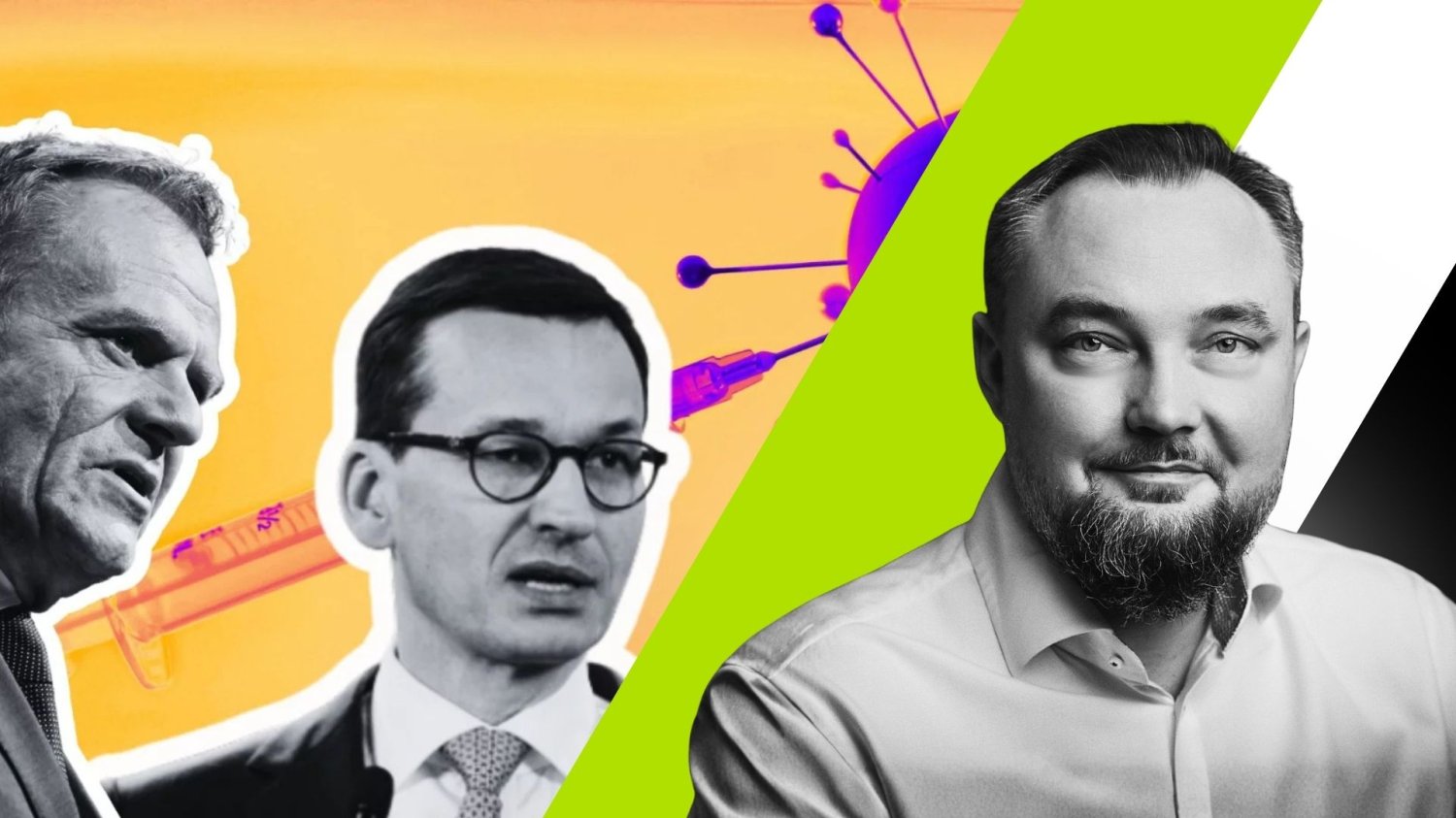 Donald Tusk i Mateusz Morawiecki na tle strzykawki ze szczepionką