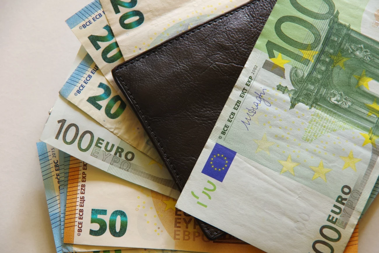 Portfel, banknoty euro.