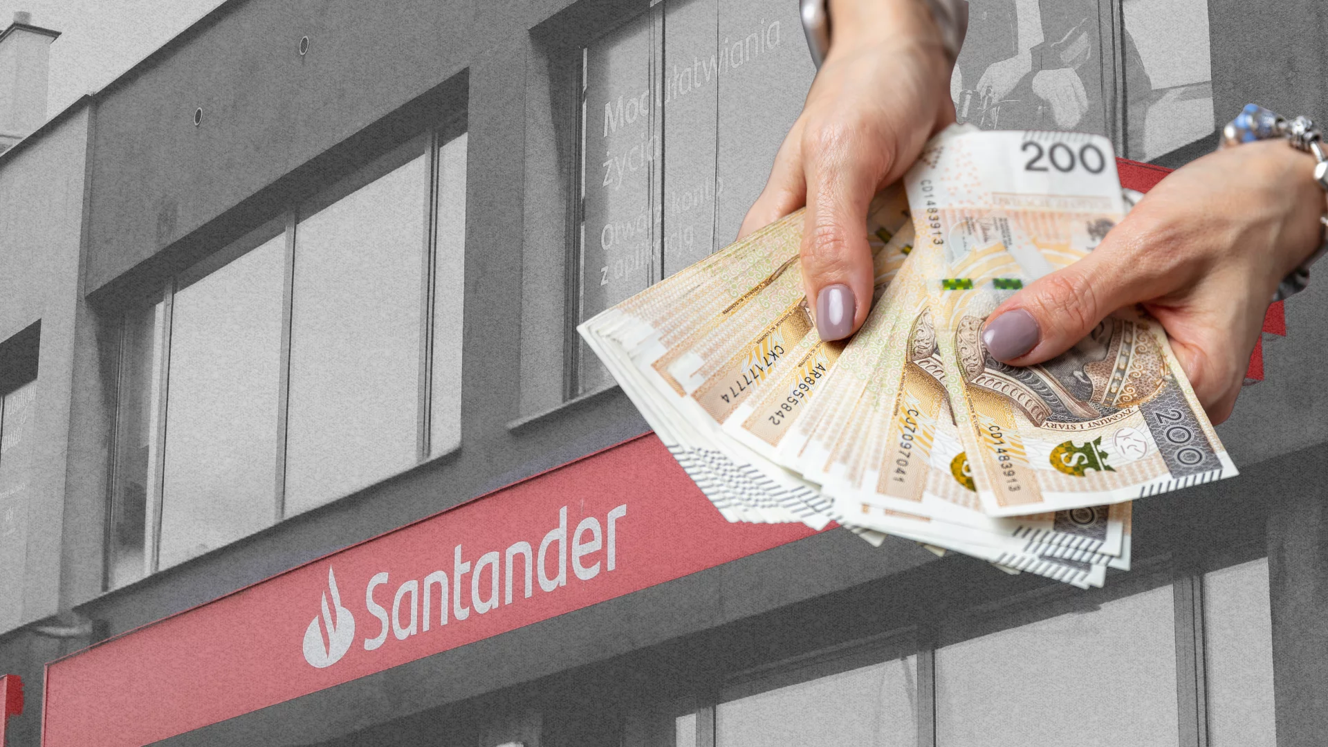 Bank Santander, w rogu dłonie trzymające plik pieniędzy