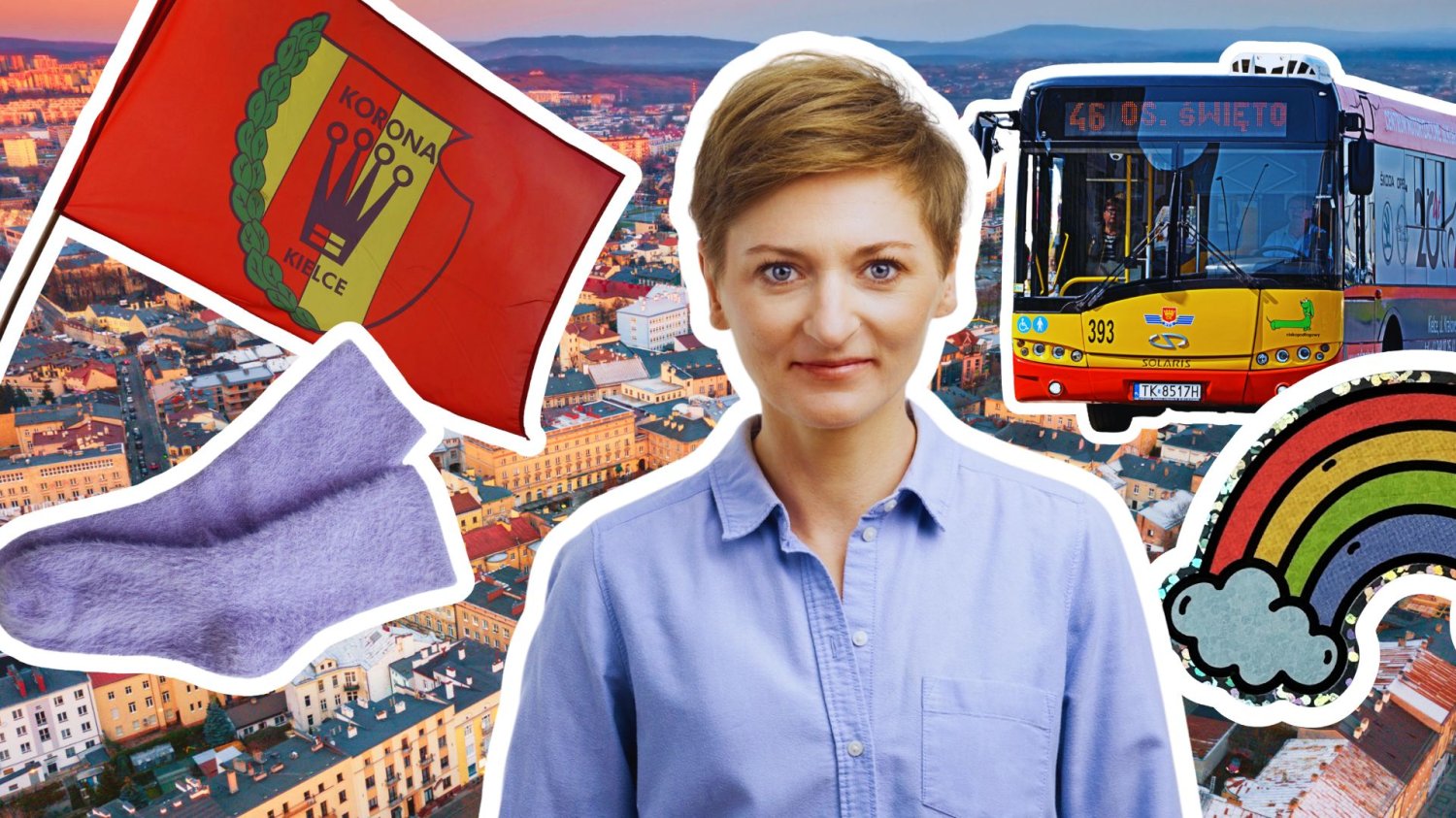 Prezydentka Kielc Agata Wojda, panorama Kielc, skarpety, flaga Korony Kielce, autobus i naklejka z tęczą. "Odkąd jestem prezydentką Kielc, muszę wyjaśniać nawet swoje skarpetki". Nam Agata Wojda wyjaśnia jeszcze więcej