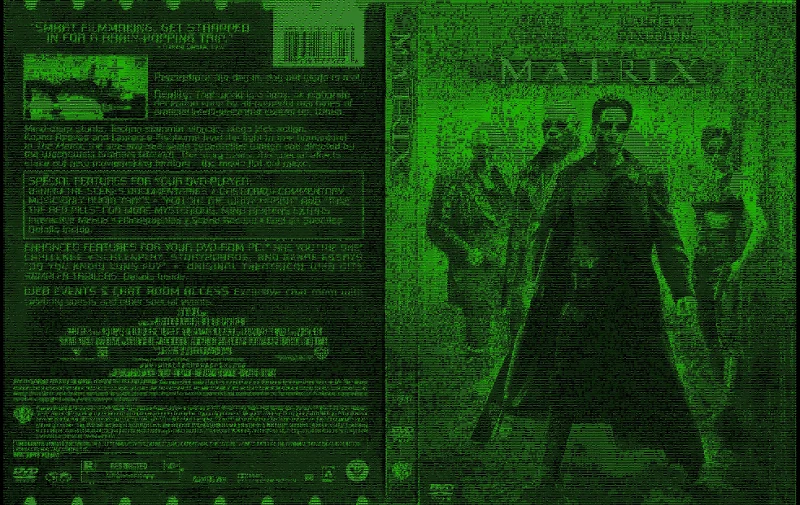 Okładka opakowania DVD dla The Matrix ASCII - fanowskiej przeróbki kultowego filmu wyreżyserowanego przez rodzeństwo Wachowskich