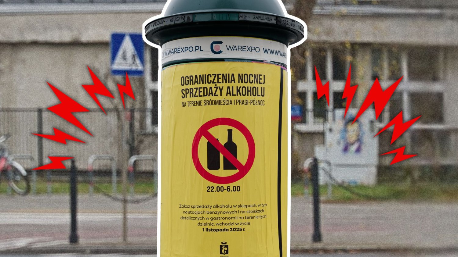 Plakat odnośnie nocnej prohibicji w Warszawie.