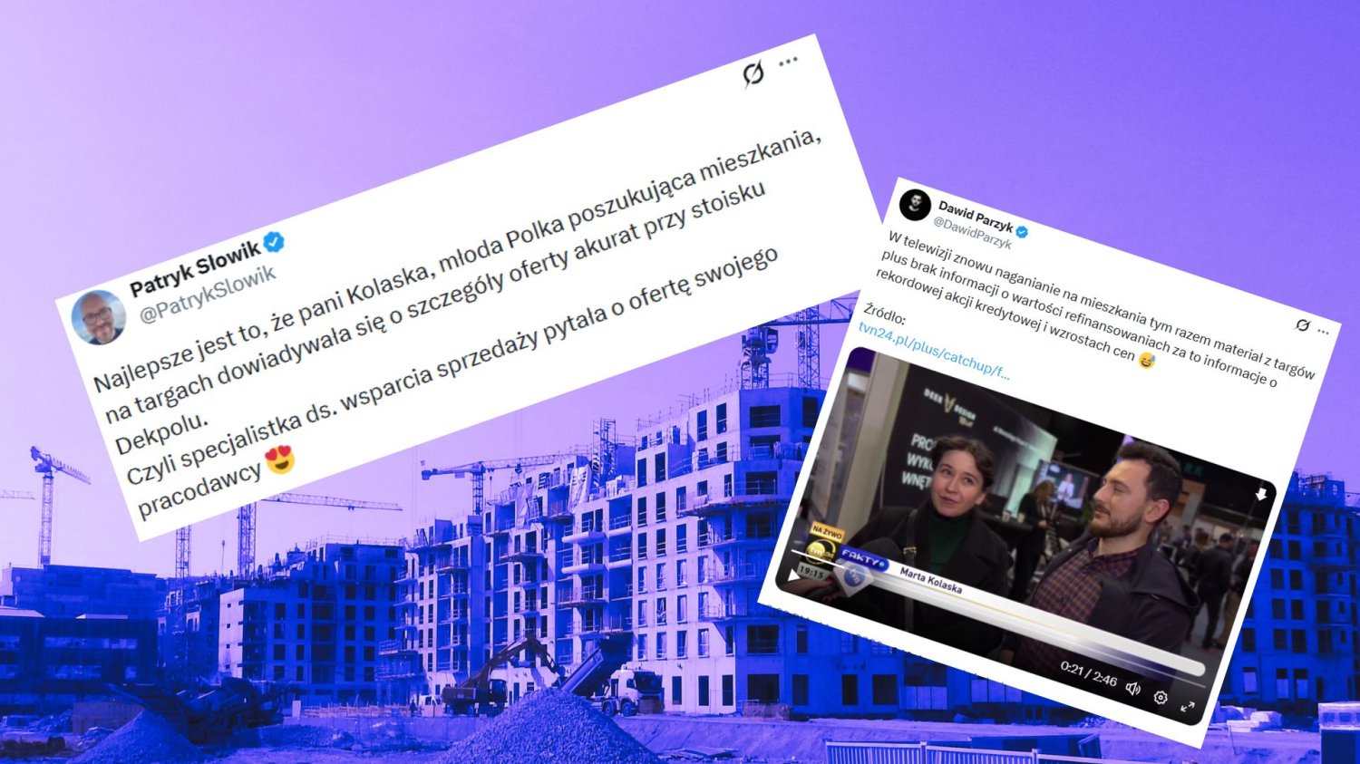 screeny z x.com na tle zdjęcia budowy