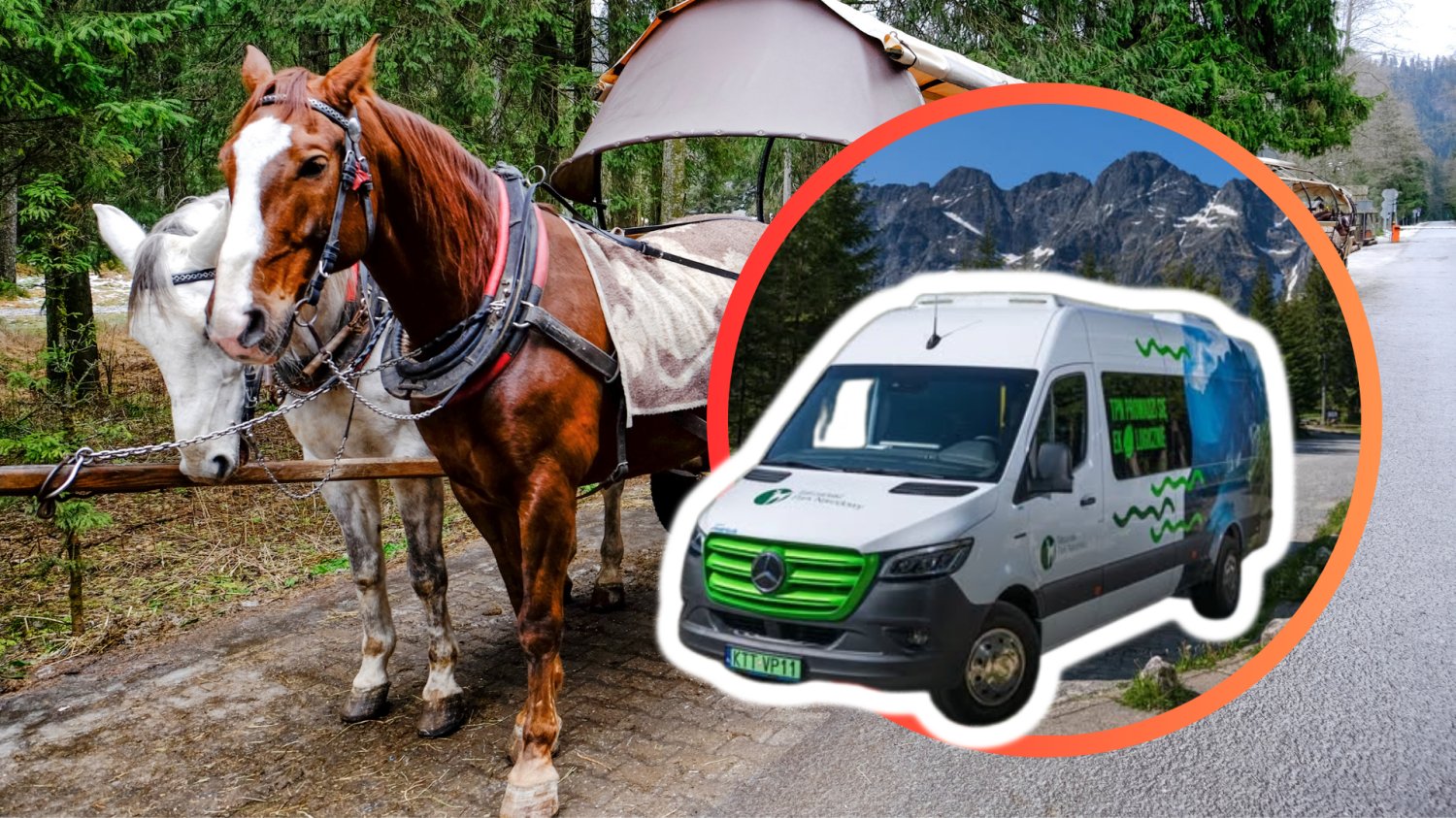 Kolejne e-busy zastąpią konie z Morskiego Oka. Góralska tradycja jedzie pod prąd Konie na trasie do morskiego oka. E-bus dla pasażerów zamiast tradycyjnego podjazdu.