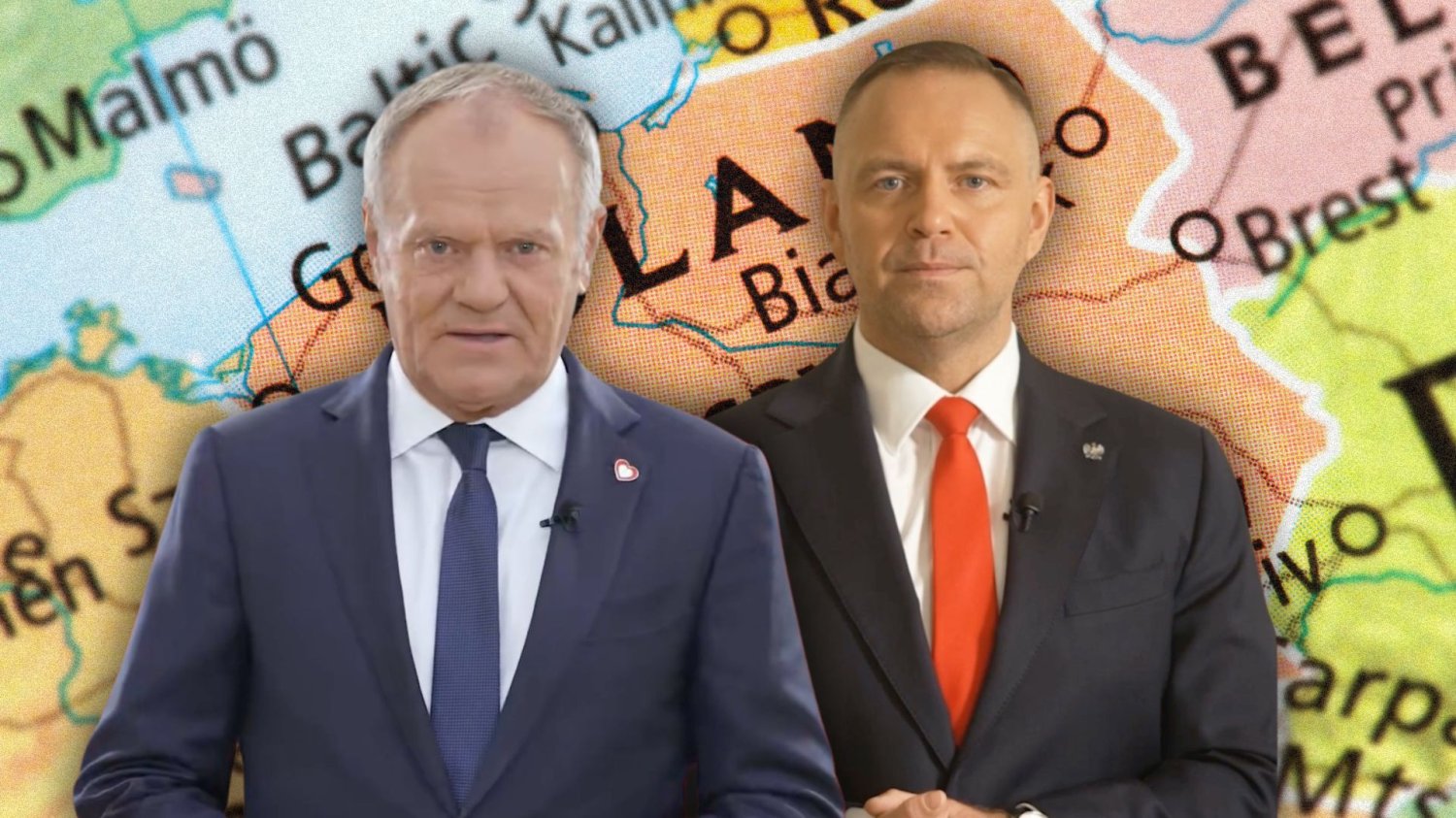 Donald Tusk, Karol Nawrocki w tle mapa Europy.