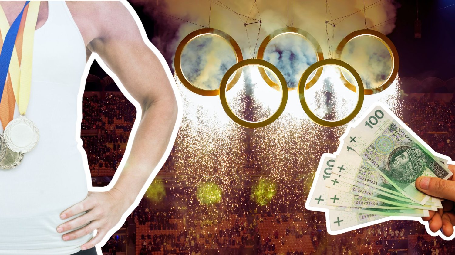 Kryptowaluty z Zondacrypto zamienione na gotówkę. PKOl wywalczył pieniądze dla sportowców Człowiek z medalami, ręka z polskimi banknotami, a w tle symbol igrzysk olimpijskich. Koniec afery z tokenami. Olimpijczycy dostali prawdziwe pieniądze zamiast krypto
