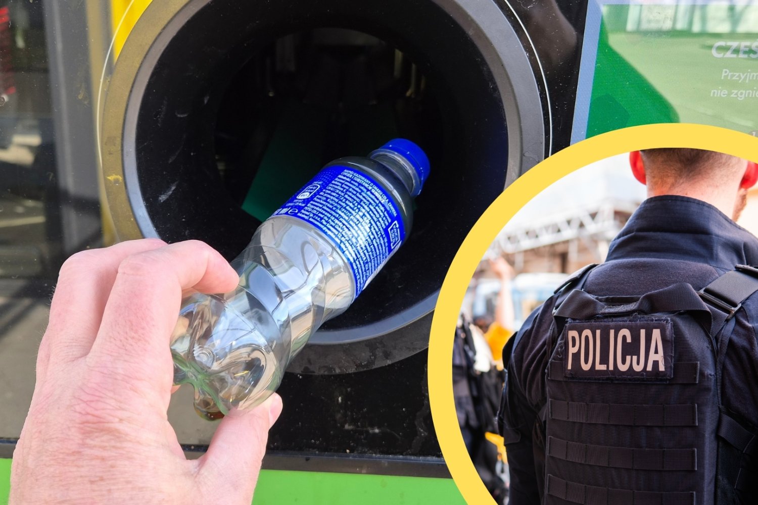 Butelkomat. W zółtym kółku w prawym dolnym rogu, policjant.